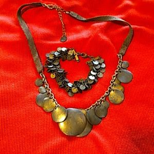 Brass and leather bracelet and necklace set